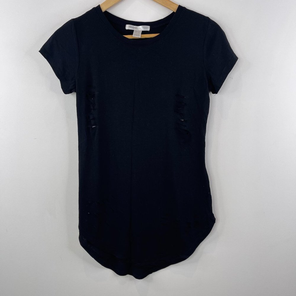 Urban Heritage Women Black Round Neck Stressed T Shirt High Low Hem Size M